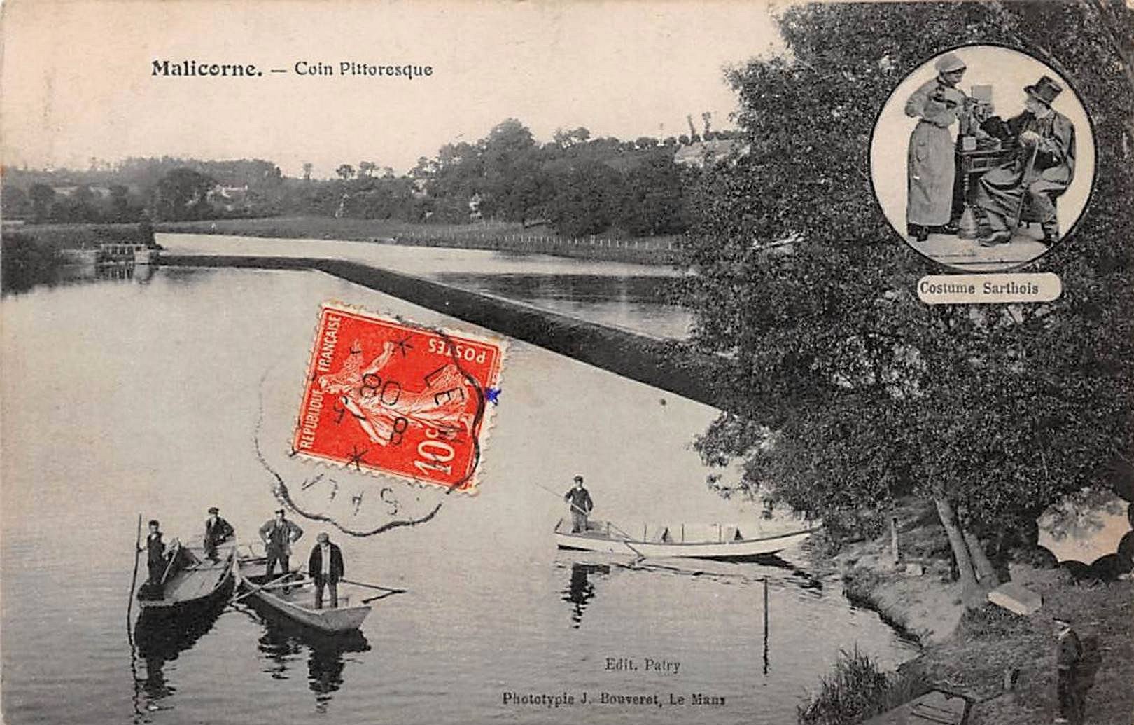 Obliteration ferroviaire / chemin de fer 'Le Mans à La Flèche', May 1908 : Malicorne